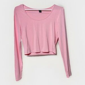Womens Pink, Long Sleeve Shirt Scoop Neck Viscose, Stretchy, Crop Cropped